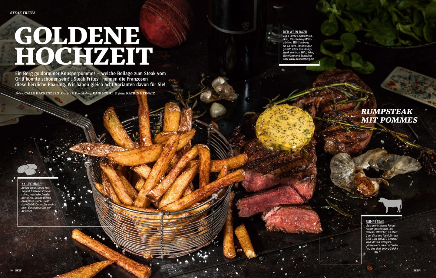 Querformatiges Aufnahme von einem Steak mit Kräuterbutter und Pommes für das Magazin BEEF - Fotoproduktio durch das Studio Hackenberg in Hamburg