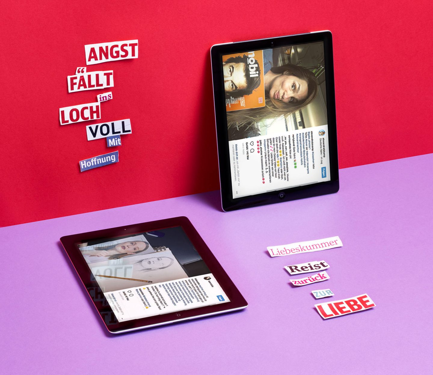  Zwei Tablets die den Instagramkanal von dbMobil zeigen und dazu mit ausgeschnittenen Wortschnipseln ein Wortspiel machen - Werbefotografie für dbMobil und Territory produziert in Hamburg von Studio hackenberg