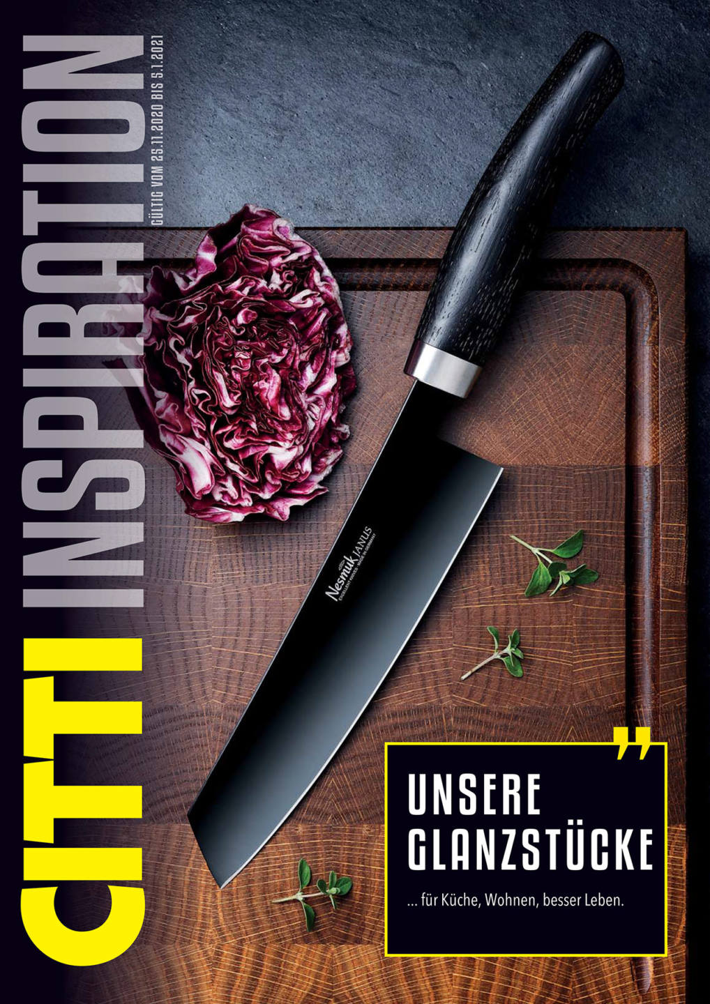 Cover der Einlegerwerbung für CITTI Inspiration - Messer auf einem Messerblock mit geschnittenem Gemüse - Konzeption und Werbefotografie durch Studio Hackenberg in Kiel